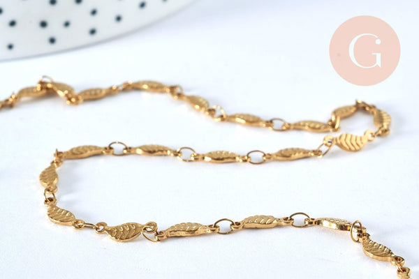 Chaine complète acier dorée 14k feuille,chaine collier,sans nickel,acier doré, chaine complète,44.5m, x1 G0631