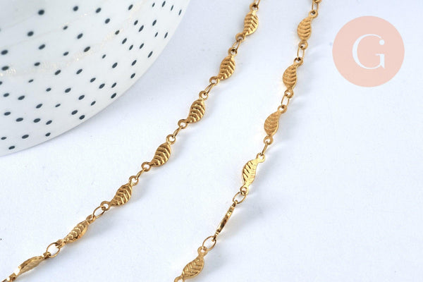 Chaine complète acier dorée 14k feuille,chaine collier,sans nickel,acier doré, chaine complète,44.5m, x1 G0631