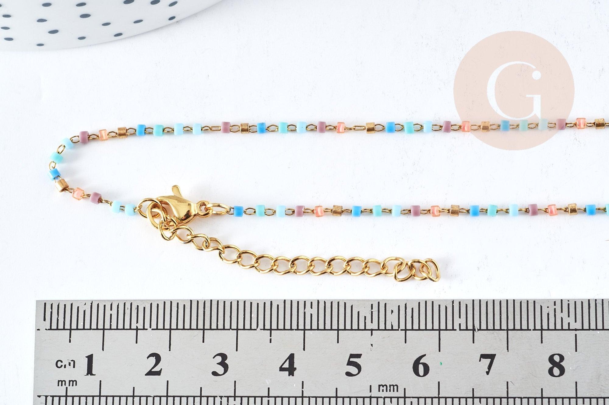 Collier Chaine complète acier inoxydable 304 doré perles rocaille multicolores artisanales 40.7cm, x1 G8777