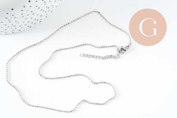 Chaine complète boule acier 304 inoxydable platine 1.5mm/45.5cm,chaine fine argentée avec fermoir création collier x1 (G9778)