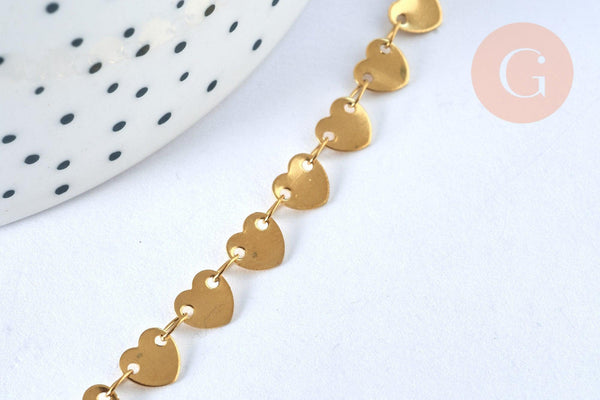 Chaine complète coeur acier inoxydable 304 dorée 14k 42.5cm, x1 (G5356)