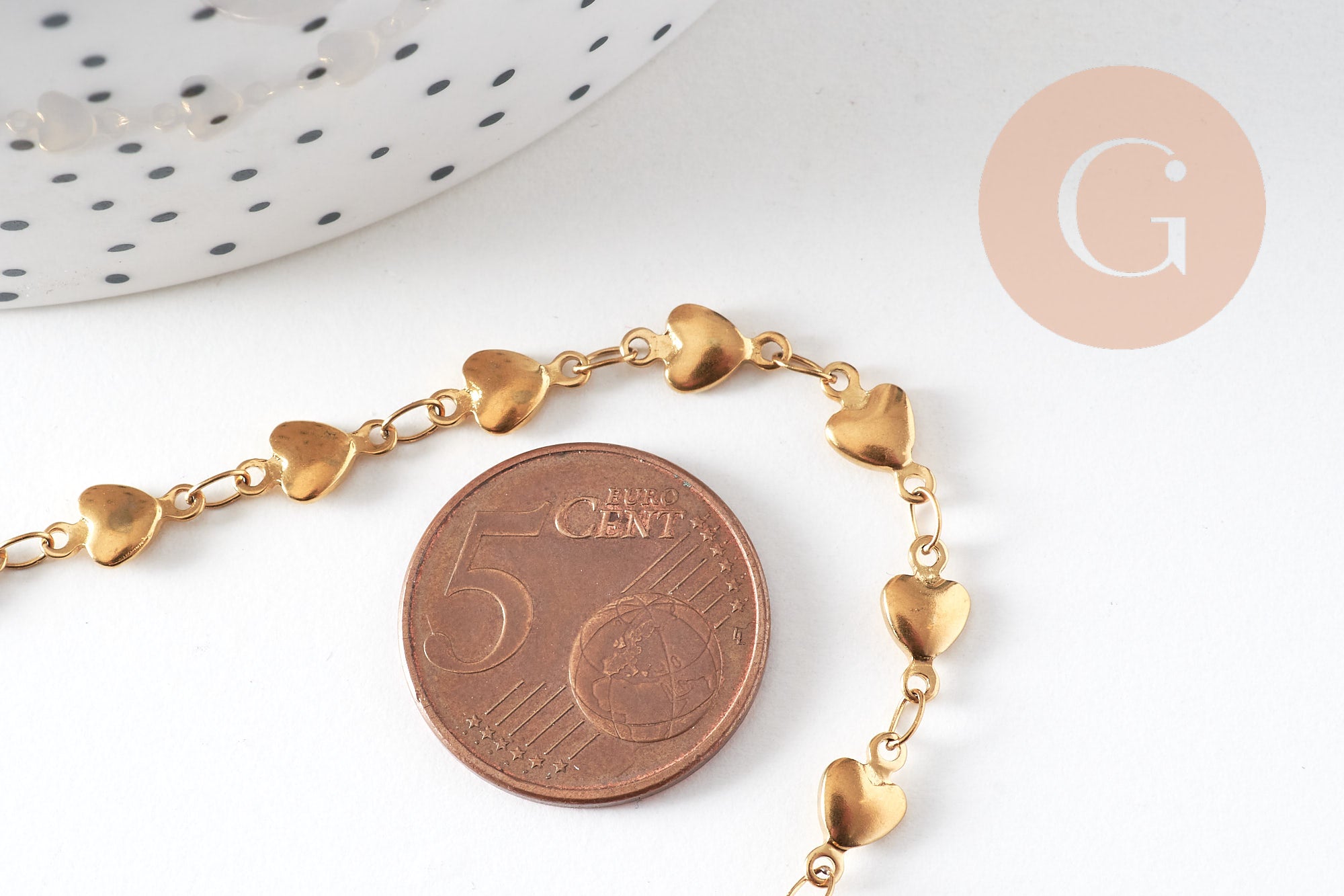 Collier chaine complète coeurs acier 304 inoxydable dorée 14k IP 2mm/45.5cm, x1 (G6775)