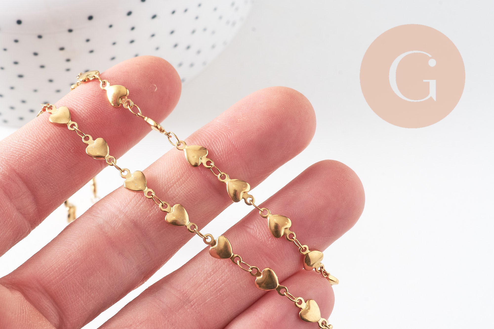 Collier chaine complète coeurs acier 304 inoxydable dorée 14k IP 2mm/45.5cm, x1 (G6775)