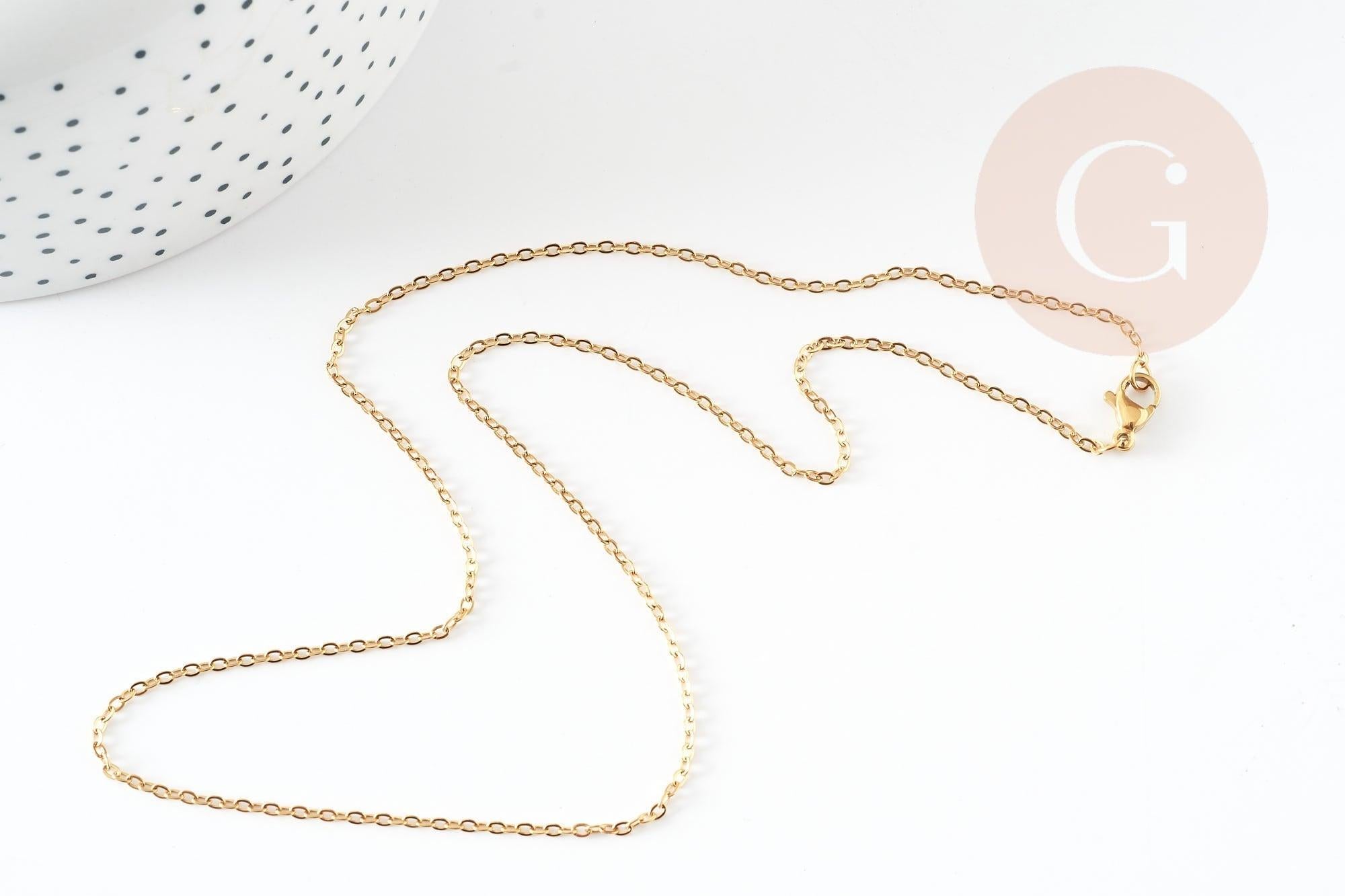 Collier Chaine forçat 1.5mm acier inoxydable doré IP 45cm avec fermoir, x1 (G9371)