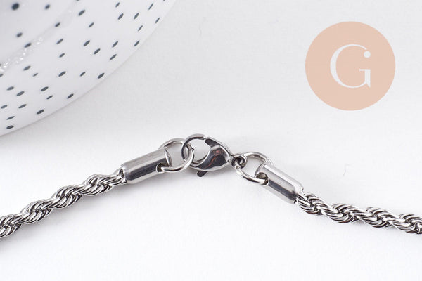 Chaine complète torsadée acier 304 inoxydable platine 3.8mm/60cm, x1 (G1113)