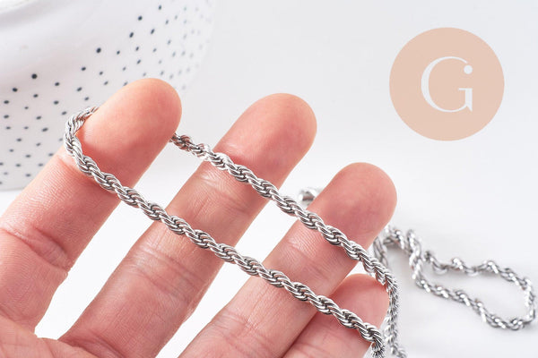 Chaine complète torsadée acier 304 inoxydable platine 3.8mm/60cm, x1 (G1113)