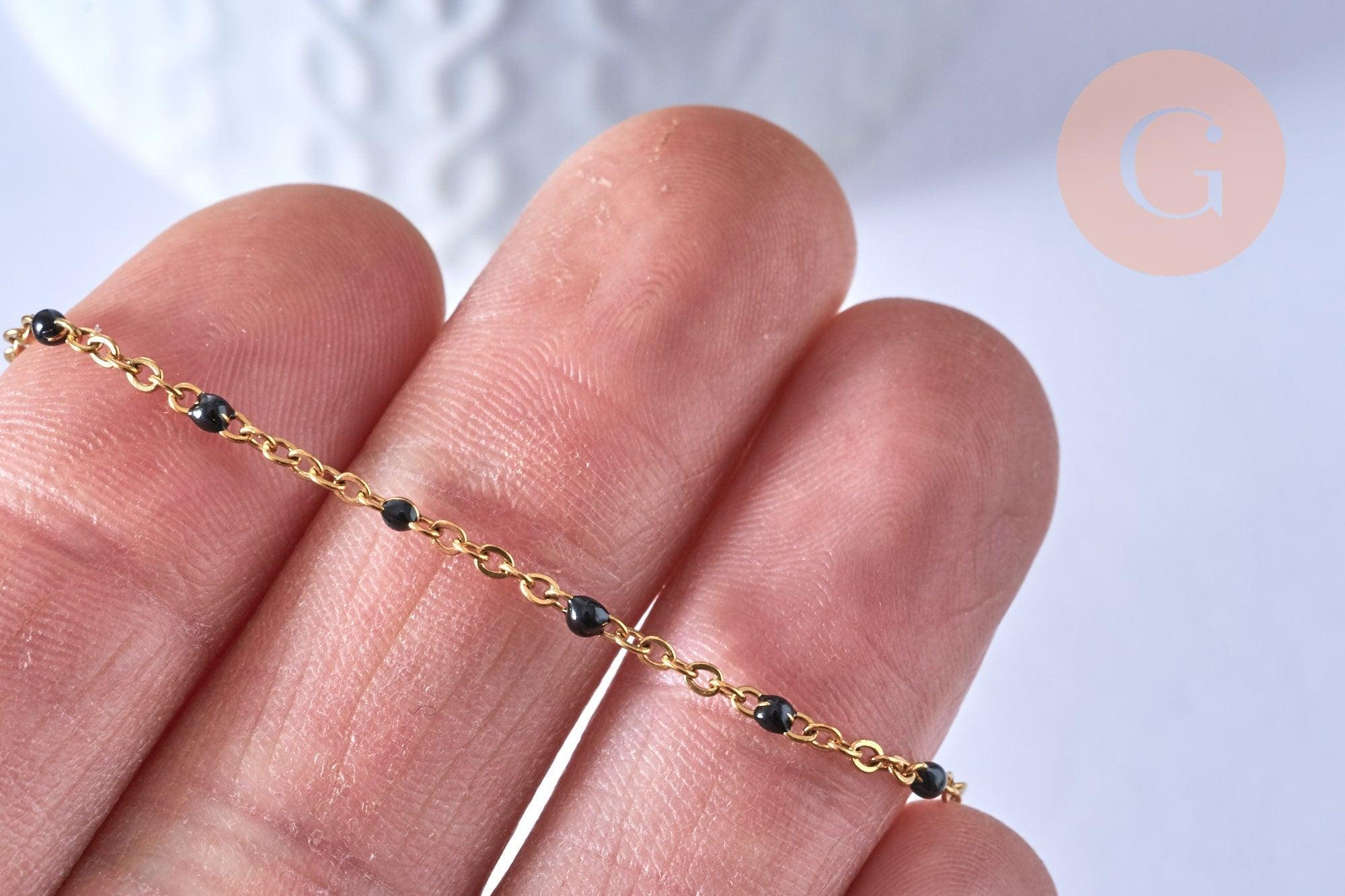 Chaine de cheville acier doré 14k résine noire chaine dorée 1.5-2mm/23cm, x1 (G3430)