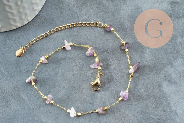 Chaine de cheville perles chips pierre naturelle laiton doré 22cm, x1 (G6979)