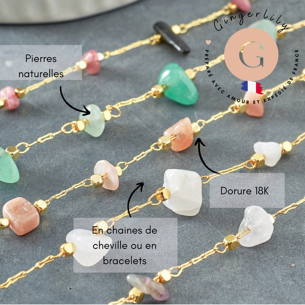 Chaine de cheville perles chips pierre naturelle laiton doré 22cm, x1 (G6979)