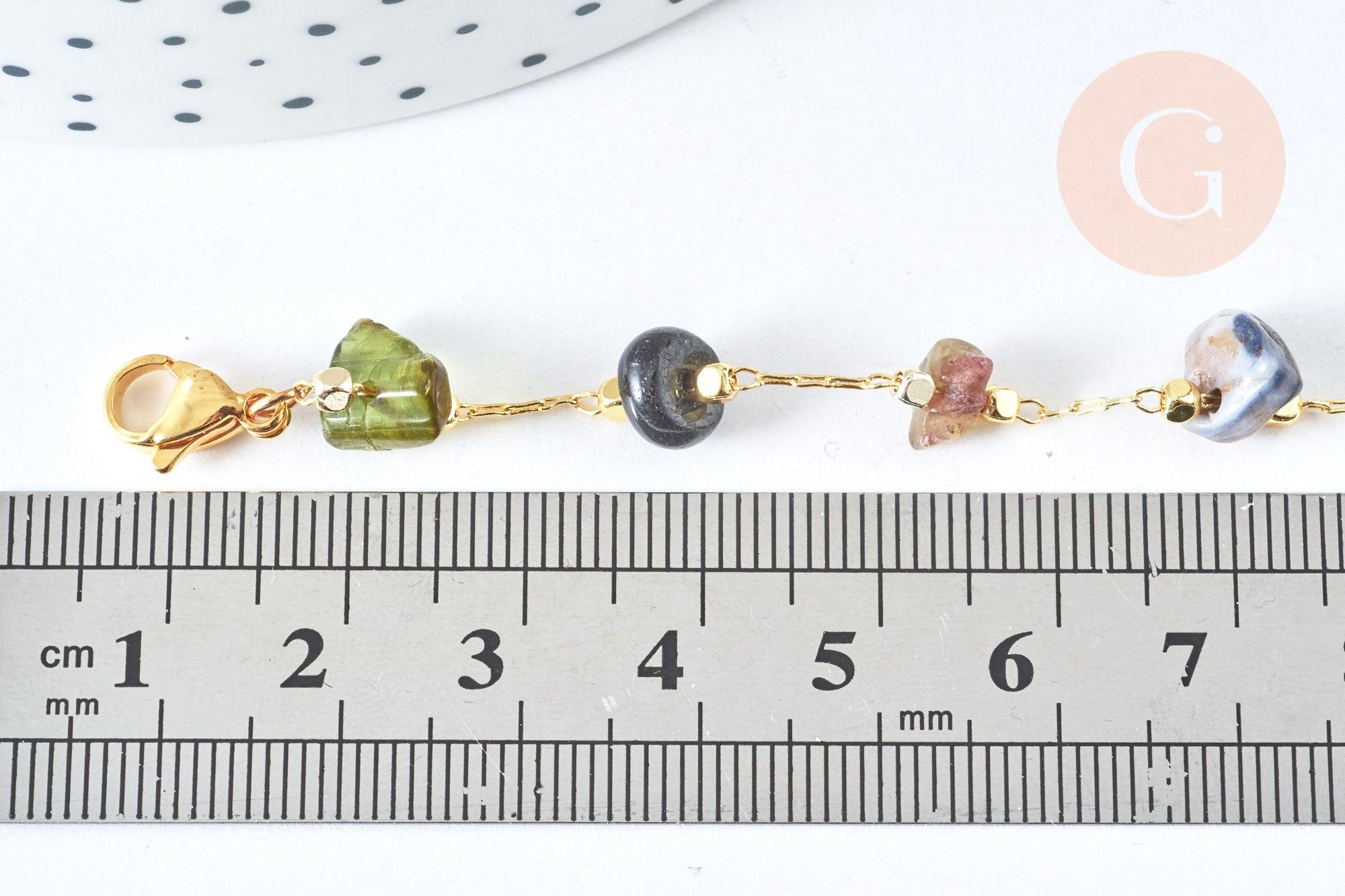 Chaine de cheville perles chips pierre naturelle laiton doré 22cm, x1 (G6979)