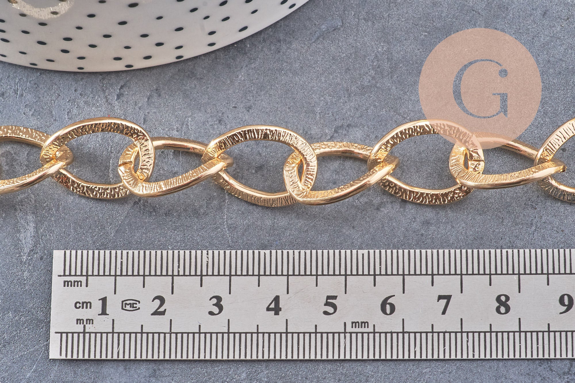 Chaine doré maille ronde texturée aluminium doré 20mm, x1 mètre (G2774)