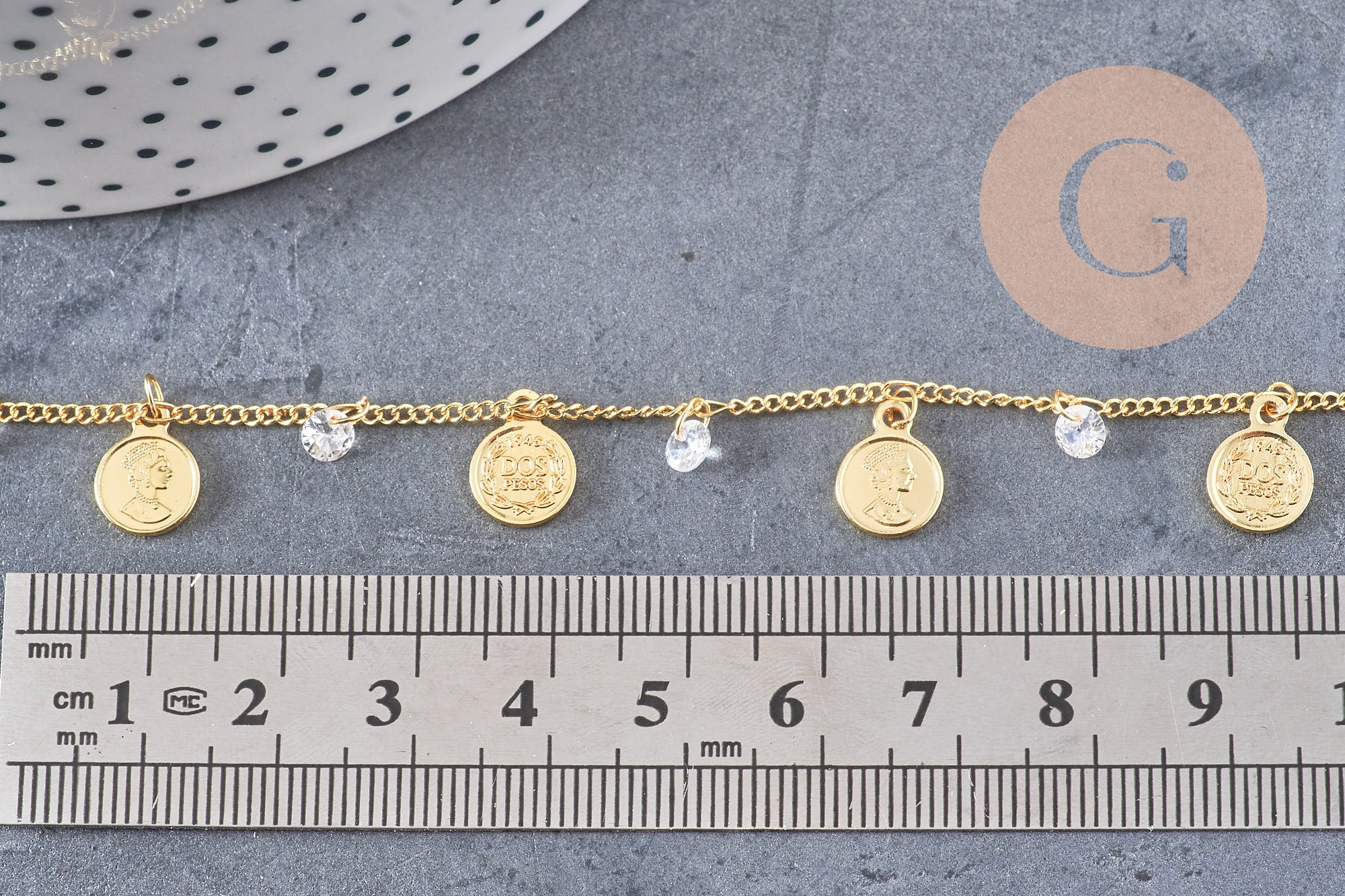 Chaine dorée 18 carats pièces de monnaie zircon, chaine doree fantaisie 1.5mm, x 1 metre, (G3176)