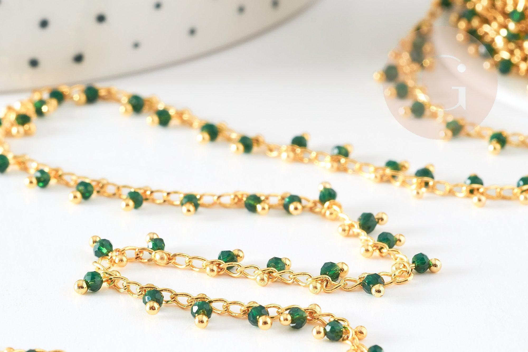 Chaine dorée perle cristal vert foncé, chaine collier,création bijoux ,chaine lunettes,chaine fantaisie 2.5x2mm, x1 mètre G5443