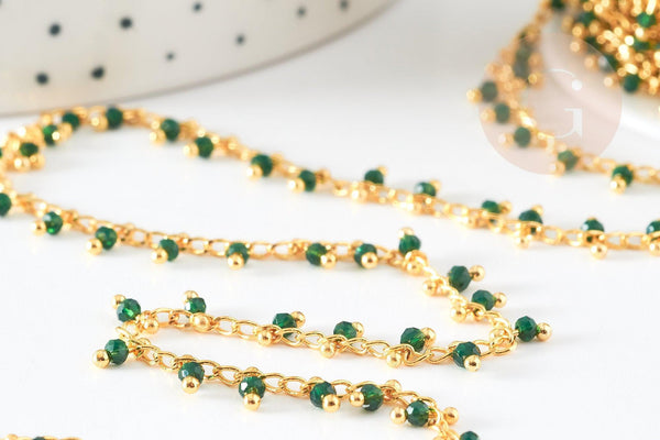 Chaine dorée perle cristal vert foncé, chaine collier,création bijoux ,chaine lunettes,chaine fantaisie 2.5x2mm, x1 mètre G5443