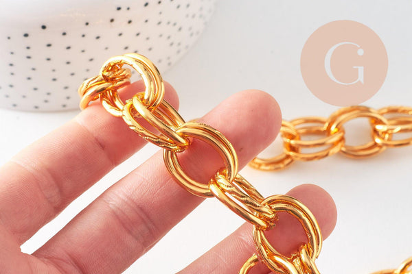 Chaine double maille rollo aluminium doré texturé 22mm, x1 mètre (G10591)