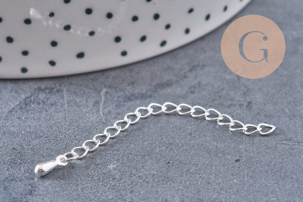 Chaine extension acier inoxydable argenté avec breloque de finition 57-60mm, x1 (G10888)