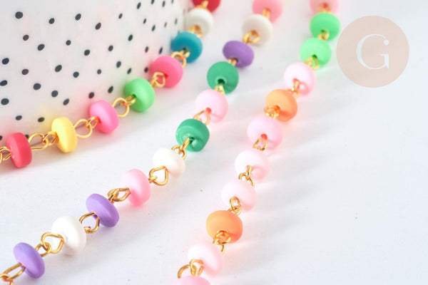 Chaine fer doré perles disques polymère multicolore heishi 6~7x3mm, bijoux heishi coloré, x1m (G7306)