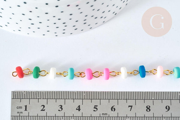 Chaine fer doré perles disques polymère multicolore heishi 6~7x3mm, bijoux heishi coloré, x1m (G7306)
