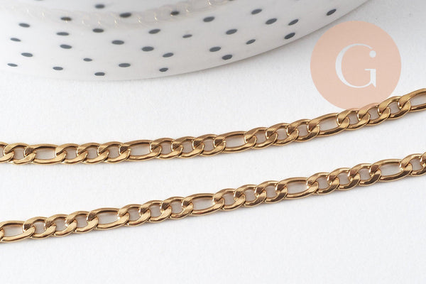 Chaine figaro acier 304 inoxydable doré IP 18k 4x3mm, x1 mètre (G1692)