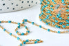 Chaîne fine acier inoxydable doré IP 14k résine bleue à paillettes 2mm, x1 mètre (G6892)