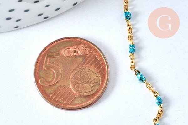 Chaîne fine acier inoxydable doré IP 14k résine bleue à paillettes 2mm, x1 mètre (G6892)