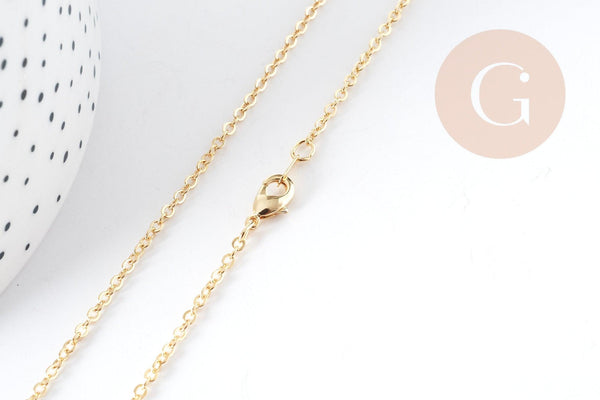 Chaine fine dorée maille forçat 16K 2.5 microns 1.5 mm- 39cm, collier chaine complète dorée avec fermoir, x1 G8924