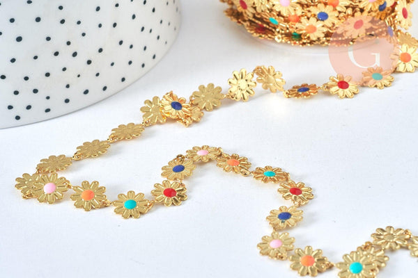 Chaine fleurs laiton doré 18 carats 13.5mm émail multicolore, x1 mètre (G6786)