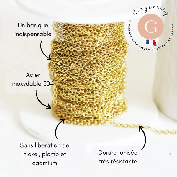 Chaine forçat acier inoxydable 304 dorée IP 14K 2.5mm, x1 mètre (G5521)