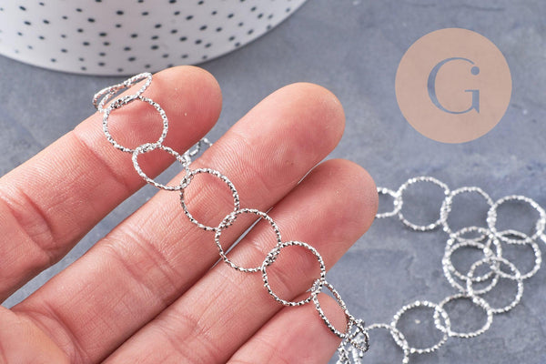 Chaine grande maille ronde texturée acier 304 inoxydable platine 13mm, x1 mètre (G10066)