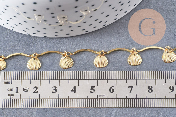 Chaine laiton doré 18 carats coquillages, chaine dorée fantaisie ,15x2mm, x1 mètre (G5355)