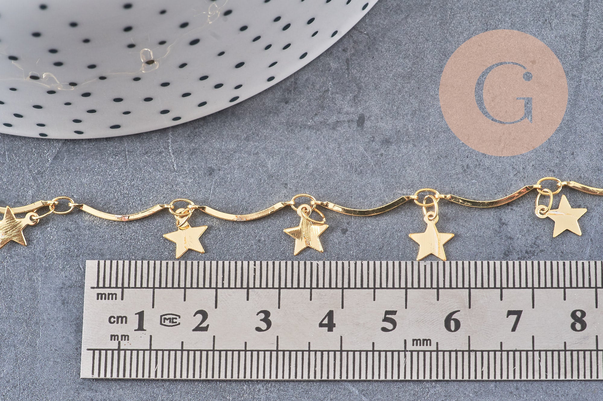 Chaine laiton doré 18 carats étoiles, chaine dorée fantaisie 16mm, x1 mètre (G4169)