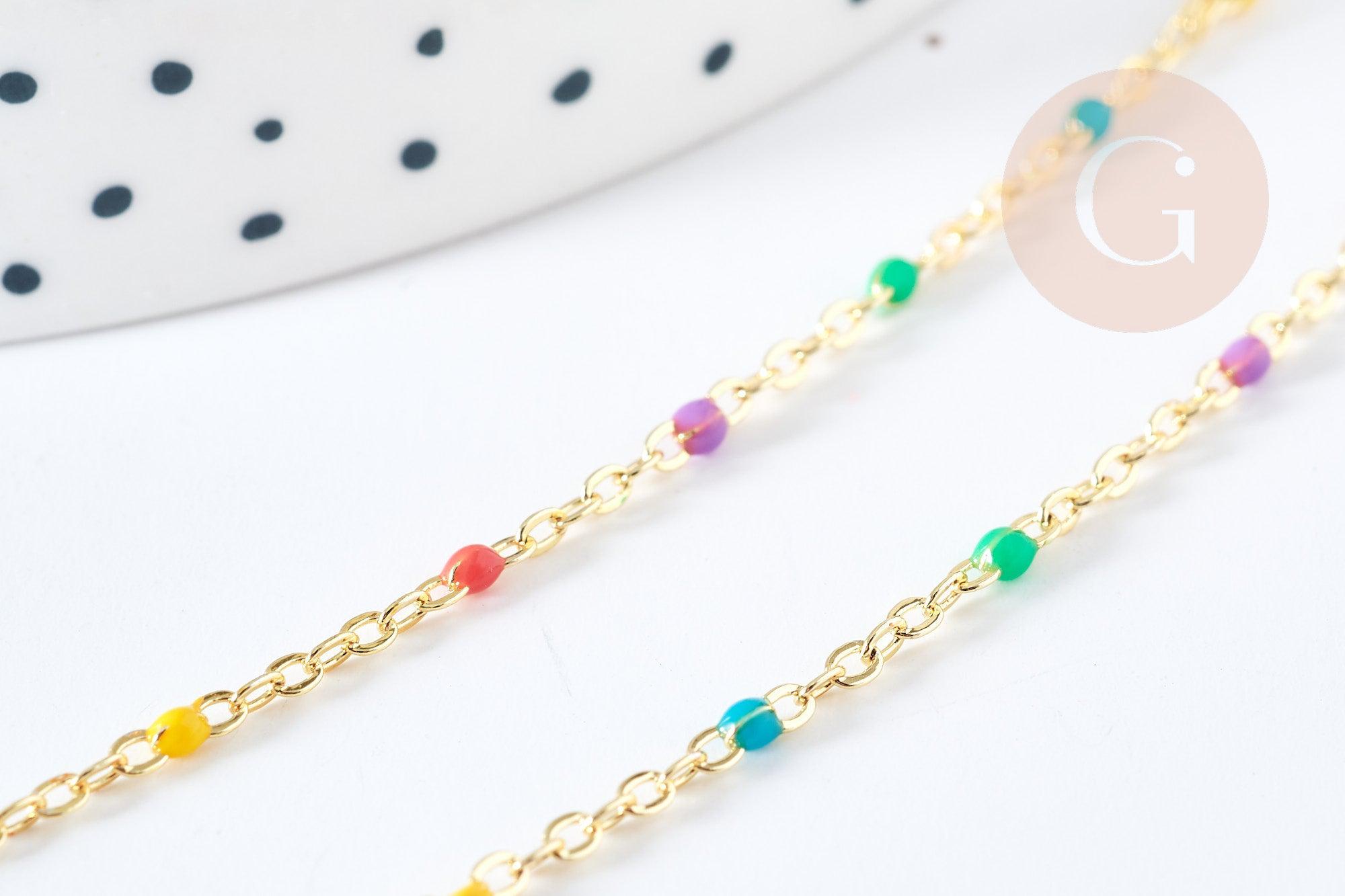 Chaine laiton doré 18K résine multicolore 1.5mm, x1 mètre (G8567)