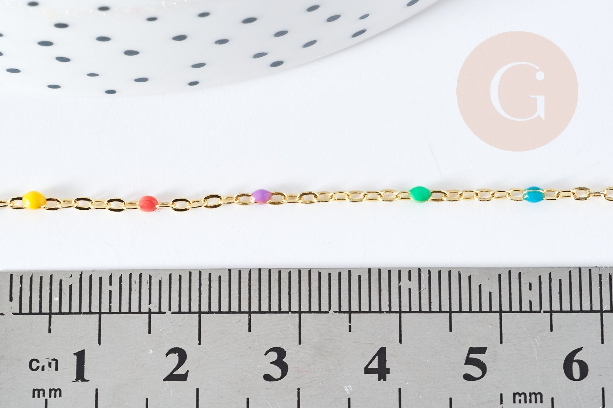 Chaine laiton doré 18K résine multicolore 1.5mm, x1 mètre (G8567)