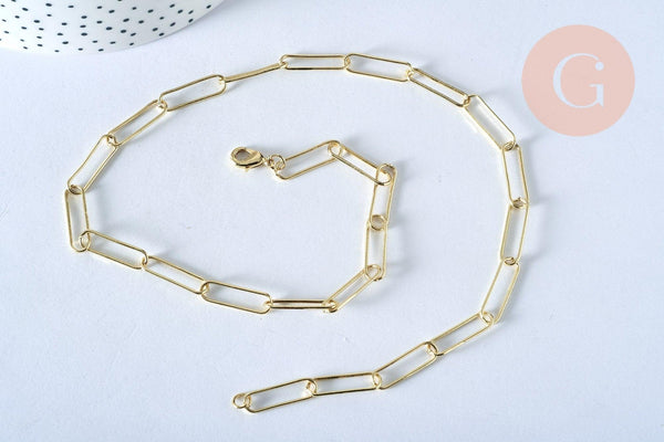 Chaine laiton doré clair maille rectangle,chaine collier,chaine large,20x6.5mm,chaine complète 47.5cm, x1 G2630