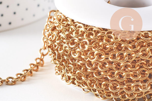 Chaine maille rollo acier inoxydable 304 doré IP 18K 5mm, x1 mètre (G10518)