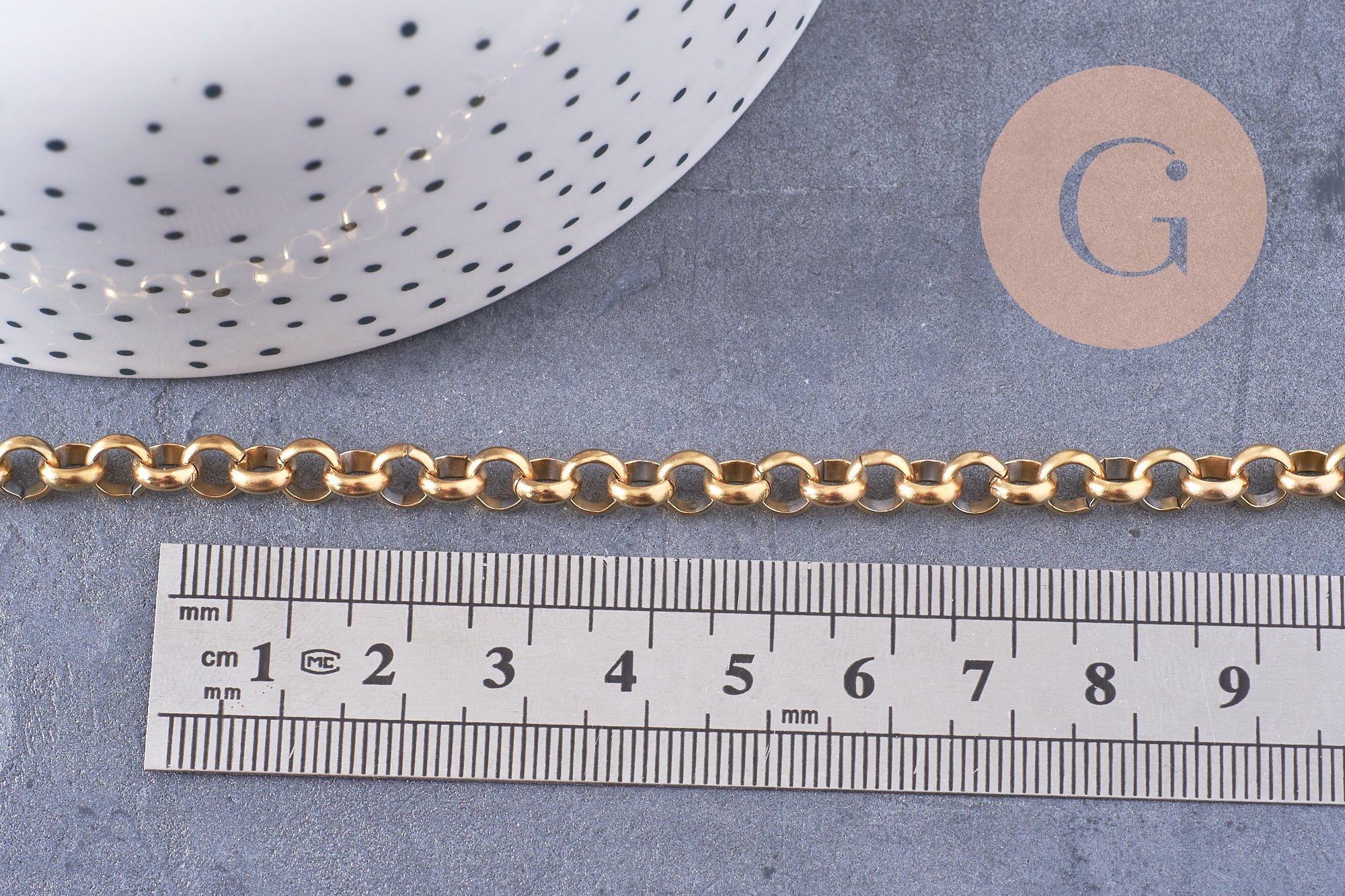 Chaine maille rolo acier 304 inoxydable doré IP 18k 6mm, x1 mètre (G2840)
