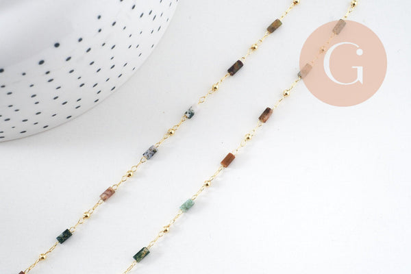 Chaine perle agate mousse naturelle laiton doré 18K 7x2mm, x1 mètre (G5444)