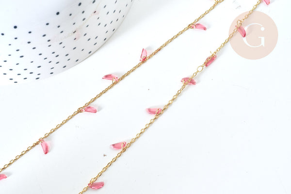 Chaine perle plexiglas facettée rose clair laiton doré 7x3mm, création de bijoux coloré DIY, x1 mètre G7819