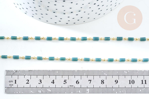 Chaine perle tube verre vert laiton doré 18K 2.5x4.5mm, création de bijoux coloré DIY, x1 mètre (G7822)