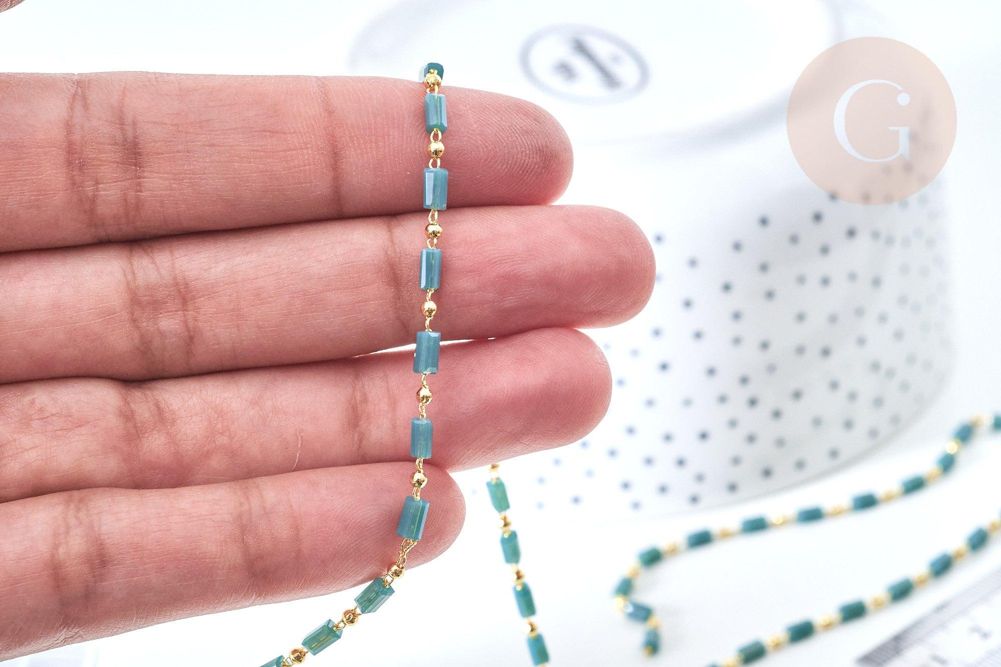 Chaine perle tube verre vert laiton doré 18K 2.5x4.5mm, création de bijoux coloré DIY, x1 mètre (G7822)