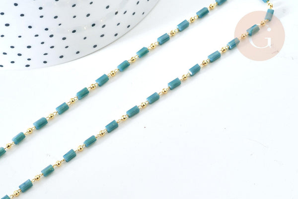 Chaine perle tube verre vert laiton doré 18K 2.5x4.5mm, création de bijoux coloré DIY, x1 mètre (G7822)