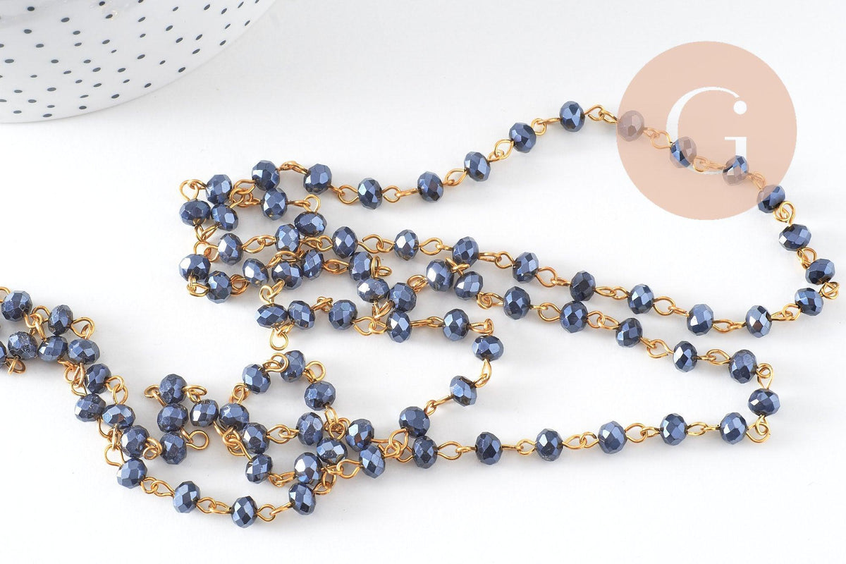 Chaine dorée perle cristal noir, chaine collier ,chaine lunettes, chaine fantaisie, 6x4mm,1 metre, x1 (G3460)