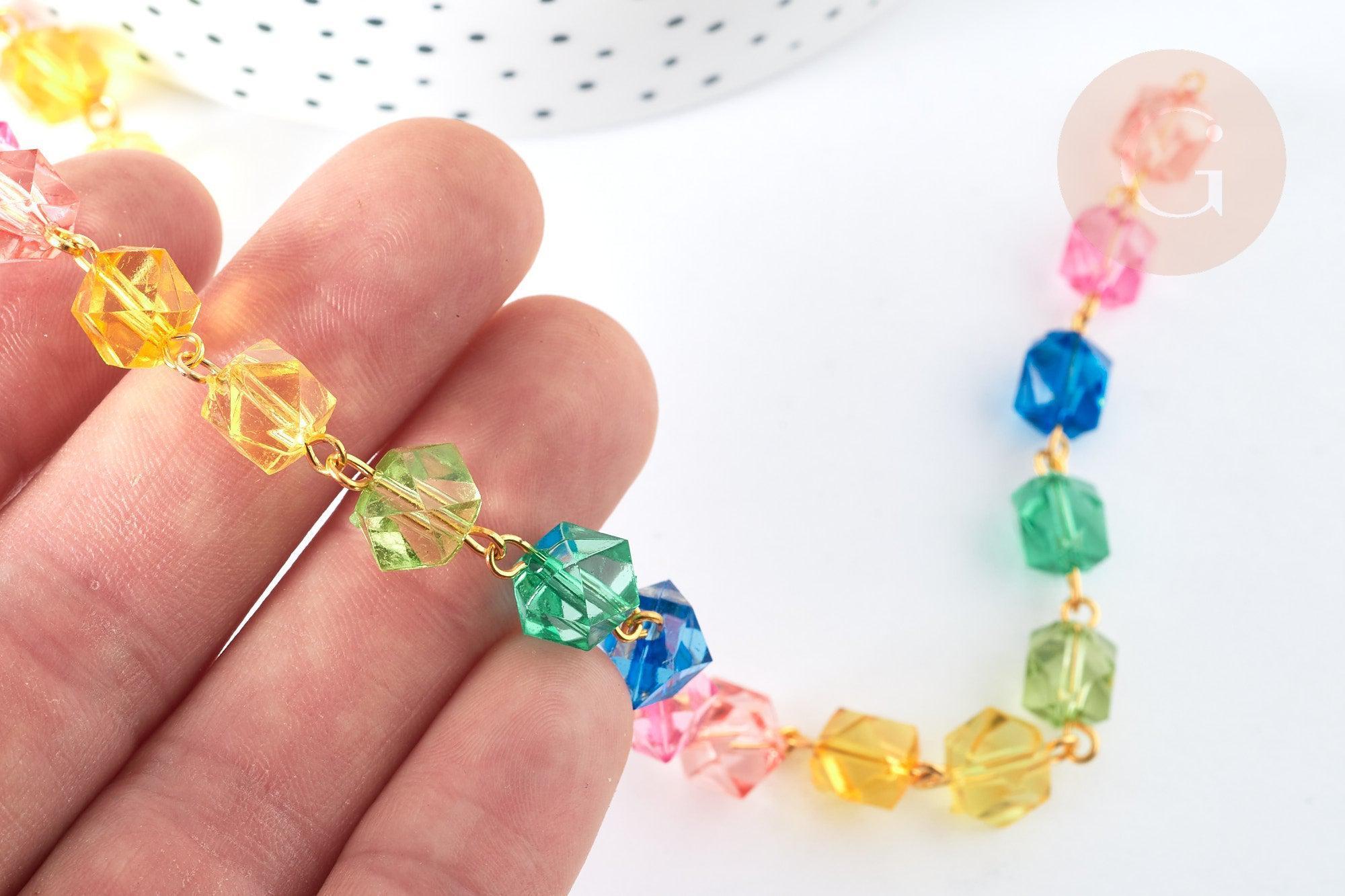 Chaine perles acrylique fer doré géométrique facettée couleur mixte 15mm, perle acrylique ,perle géométrique 15mm x1 mètre (G7215)