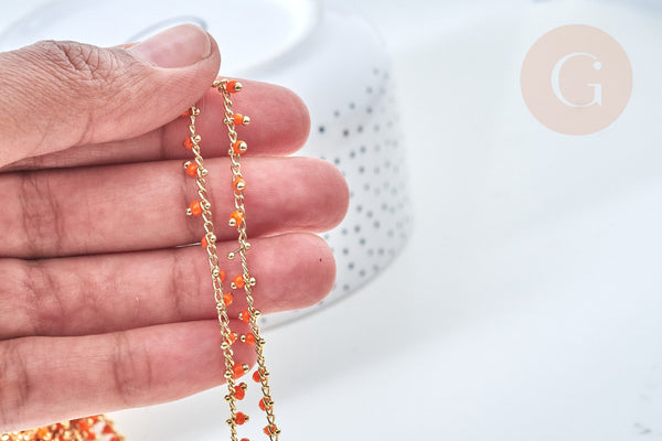 Chaine perles de rocaille orange laiton doré 6x2~3mm, x1 mètre (G7818)