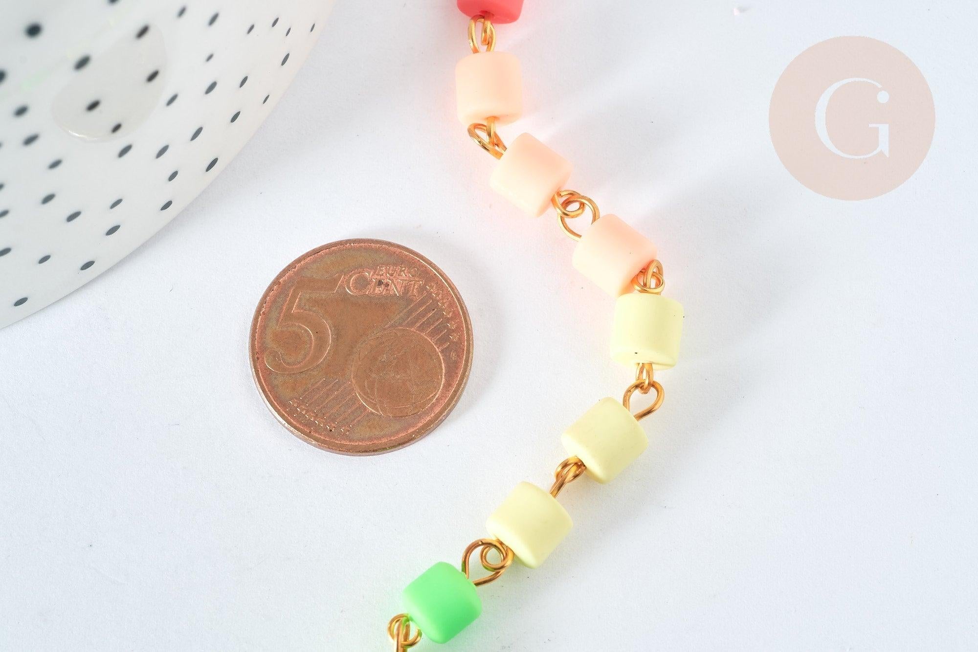 Chaine perles tubes polymère multicolore heishi fer doré 6mm, fabrication bijoux coloré, x1m (G7237)