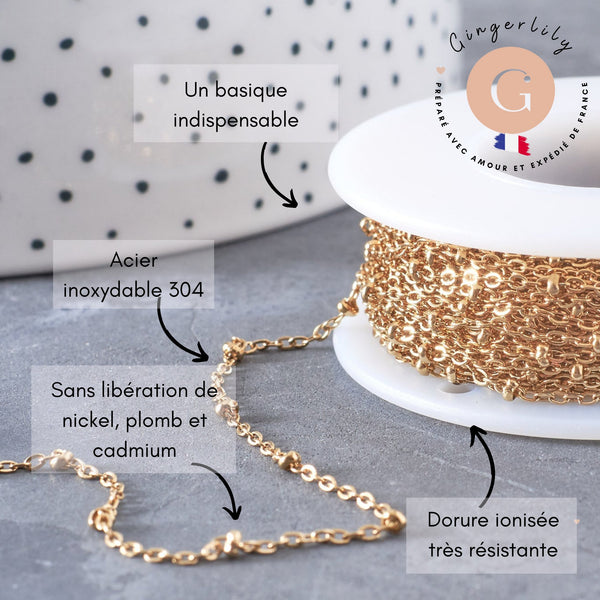 Chaine satellite acier inoxydable 304 doré IP 14K 1.6mm, x1 mètre (G6808)