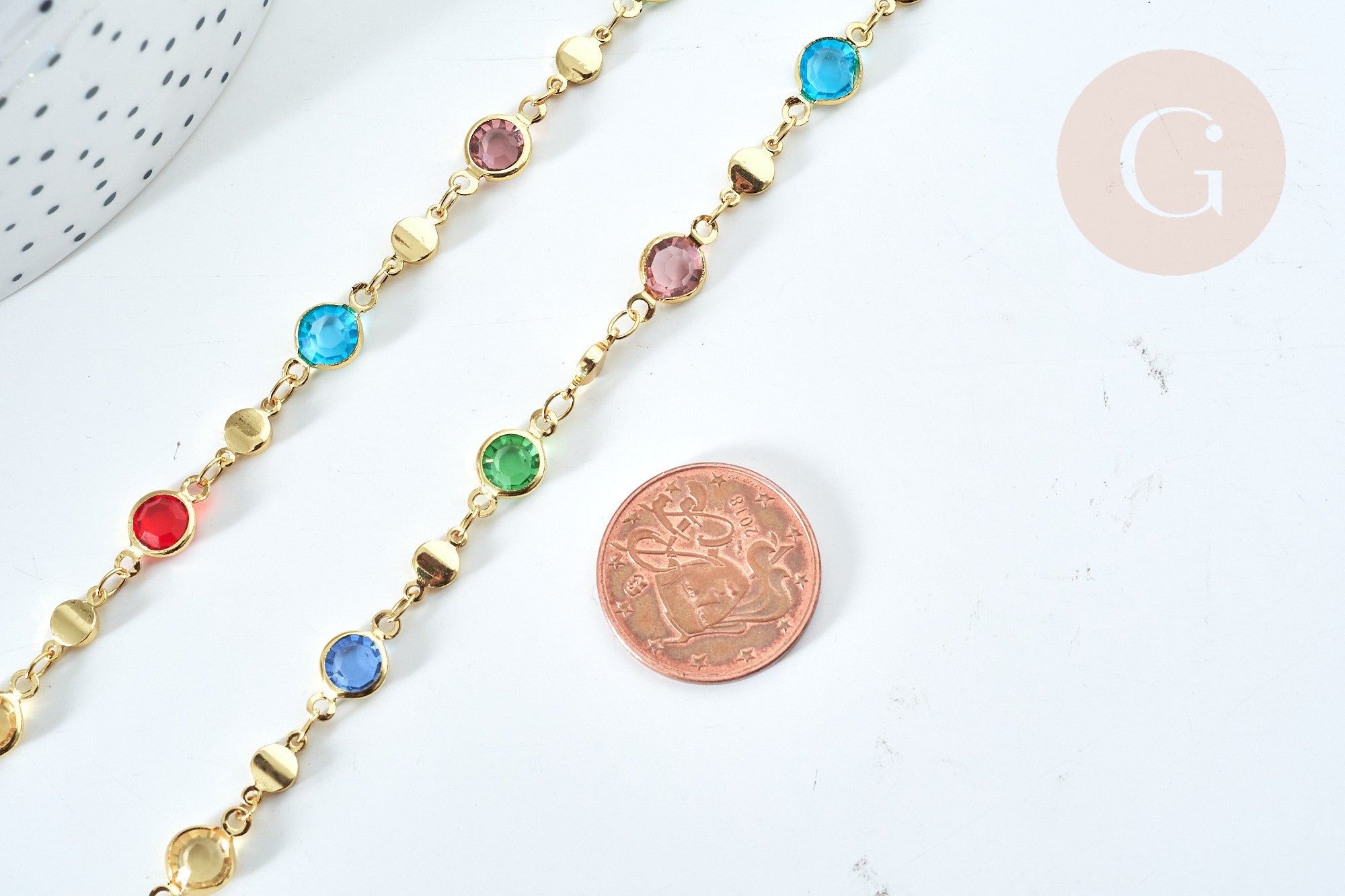 Chaine soudée perle verre laiton doré couleur mixte 13mm, chaine collier création bijoux, x 50cm G7823
