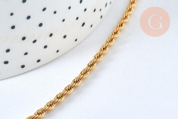 Chaine torsadée acier inoxydable doré IP 16k 3mm, x1 metre (G6785)