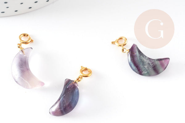 Charm Lune fluorite violette laiton doré 25-28mm, pendentif en pierre naturelle, fluorite naturel , x1 (G3544)