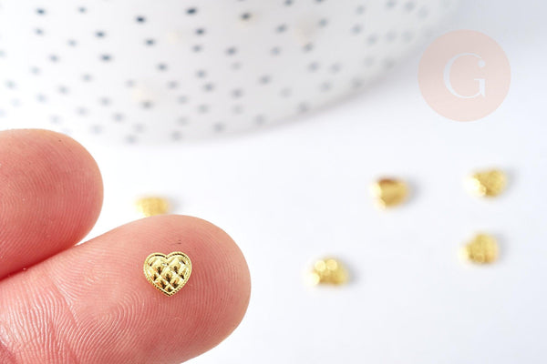Charm à coller zamac doré coeur texturé .5mm,thème amour et amitié, fournitures à coller décors pierres et bijoux, x10 G8524